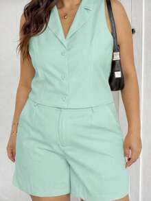 MICHLEE Women's Plus Size Set With Sleeveless Vest And Tailored Shorts - màu xanh lá - Xem 1
