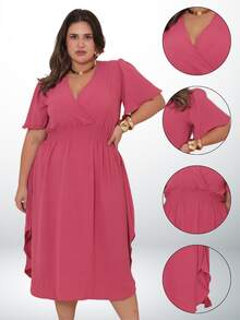 Women's Casual Midi Wrap Dress, Plus Size, Elegant, Loose Fit, Godet Sleeves, Discreet Side Slit - 玫瑰玫瑰 - 查看 4