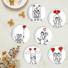 Minimalist Hand-Painted Couple Theme Coasters, Depicting Romantic Everyday Moments Like Swinging, Holding Hands, Hugging, And Sitting On A Bench, Using Simple Black Lines And Vibrant Red Heart Elements (Balloons, Floating Hearts). The Minimalist Black And White Line Art With Striking Red Hearts Conveys A Pure, Sweet Atmosphere Of Love. - Wooden Board-circle Coaster - View 2