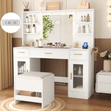Dressing Table With LED Mirror And Storage Stool, 113x40x140 Cm - 10 Bulbs, 3 Adjustable Colors, 3 Drawers, 6 Shelves, 5 Hooks, 10x Magnification - 查看 1