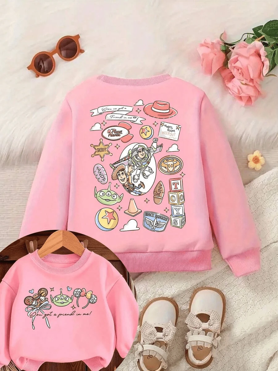 Disney Girls' Hoodie With Toy Story Cartoon Alphabet Double-Sided Design Fall/Winter Kids' Crewneck Hoodie The Perfect Long-Sleeve Top For Girls' Everyday Play, Ideal For School Or Shopping Outings. - 粉色 - 查看 1