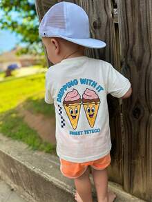 1件婴儿/幼儿男童休闲印花圆领短袖T恤，夏季童装 - 一件引人注目的T恤，为每个孩子带来欢乐和幸福！ - 白色 - 查看 2