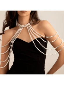 1pc Women's Multi-Layer Faux Pearl Sexy Shoulder Chain, Suitable For Party And Gathering Occasions - White - View 6