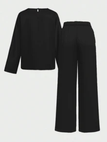 Set 2 buc., elegant, pentru naveta și casual, model vintage de monede, cu textură satinată asemănătoare mătăsii, ținută de damă, negru de primăvară - Negru - Vizualizare 8