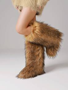 Women Valentine Fashionable Fluffy Winter Christmas Furry Long Boots Pull-On Faux Fur Round Toe Boots Warm Boots Outdoor Flat Shoes Party Casual Winter Fall Boots - 棕色A - 查看 6
