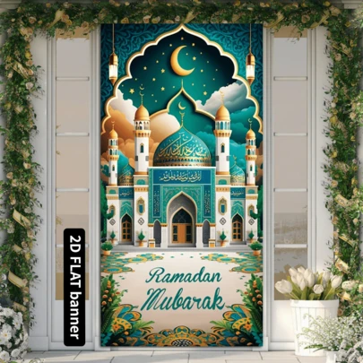 Elegant Eid Al-Fitr Celebration Banner 35x70 Inches Of Polyester Fiber, Featuring A Grand Design Of Crescent Moon And Stars, Perfectly Suitable For Ramadan Decorations, Home And Garden Parties