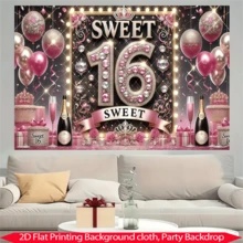 1件粉色生日背景布，印有啤酒礼盒和“Sweet 16”字样，采用高清印花工艺，印制在涤纶面料上，适用于生日派对、庭院和摄影棚拍摄。 - 彩色 - 查看 5