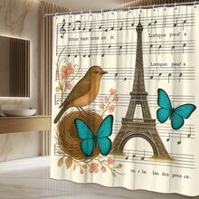 Tower Bird Shower Curtain, Floral Music Notes Design - White - View 3