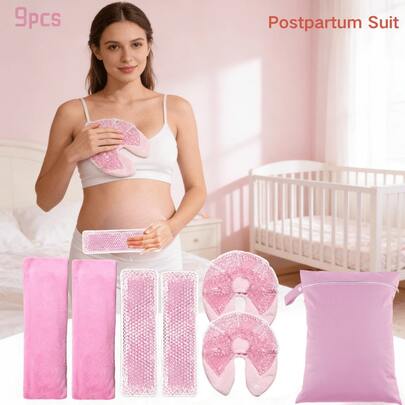 9件套产后恢复套装：包含4个带软套的会阴冰袋、2个带软套的乳房舒缓凝胶包和1个大号收纳袋，可重复使用的凝胶冰袋（PVC+柔软面料），非常适合缓解乳房胀痛、乳腺炎、痔疮和产后不适。情人节和母亲节的最佳礼物。
