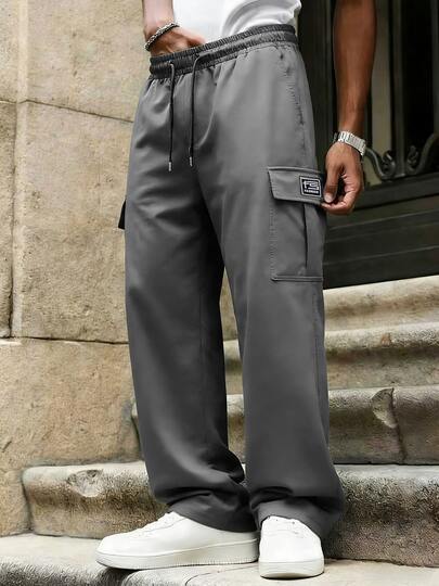 1pc Men's Casual Cargo Pants, Loose Straight Leg Fit, Good Drape, Suitable For Lounging And Outdoor Activities, Also Makes A Great Couple's Gift. Made Of 100% Polyester Fabric, With Drawstring Waistband For Adjustable Fit, Available In Multiple Colors.