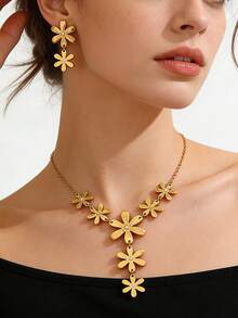 VceTd 1 Set de joyería de acero inoxidable lujosa y elegante con diseño de colgante floral con incrustaciones de vidrio, adecuada para la vida diaria de las mujeres, bodas, compromisos, regalos del Día de San Valentín o regalos del Día de la Madre - Amarillo Oro - Ver 8