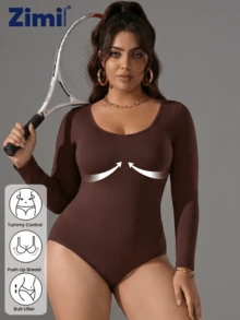 Zimi Collection 1 件装加大码无缝运动塑身连体衣，女款 1XL-5XL，棕色长袖提臀收腹运动连体衣，适合健身房训练、瑜伽、跑步等健身活动。 - 棕色 - 查看 7