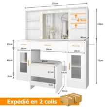 Dressing Table With LED Mirror And Storage Stool, 113x40x140 Cm - 10 Bulbs, 3 Adjustable Colors, 3 Drawers, 6 Shelves, 5 Hooks, 10x Magnification - 查看 7