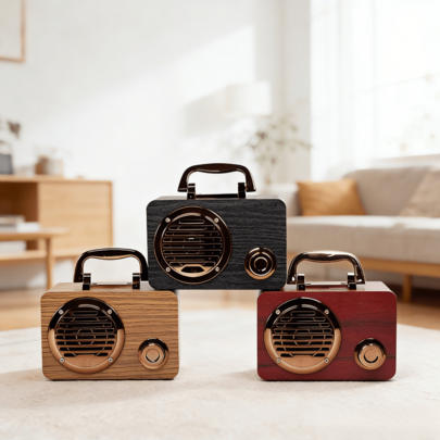 Reproductor de discos vintage mini de madera con forma de radio, altavoz Bluetooth, altavoz de estantería, altavoces para exteriores