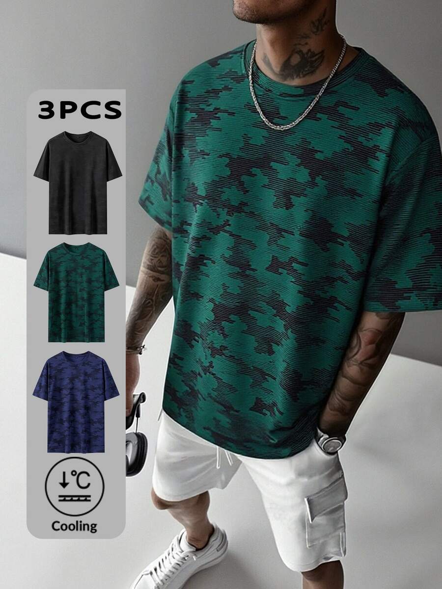 3件装男士凉感短袖T恤（黑色+藏青色+深绿色） - 黑色 - 查看 1