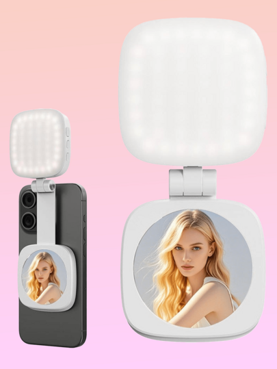 Magnetic Selfie Fill Light With Mirror, Foldable Pocket-Sized Adjustable LED Fill Light, Portable Rechargeable Clip-On Fill Light, Compatible With IPhone/Android Phones, Great For Live Streaming, Makeup, Vlogging, Video Recording And Selfie