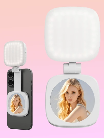 磁吸式自拍补光灯带镜子，可折叠口袋大小可调节LED补光灯，便携式可充电夹式补光灯，兼容/安卓手机，非常适合直播、化妆、Vlog、视频录制和自拍