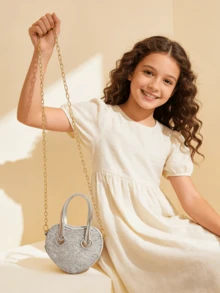 New Sequin Heart Mini Handbag For Girls, Fashion Princess Style Tote Bag, Holiday Gift, Crossbody & Top Handle 2-In-1 Mini Purse For Little Girls, Gold & Silver - Multicolor - View 5