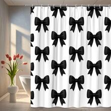 Black Bow Shower Curtain On White Background, Decorative Bath Curtain - White - View 3