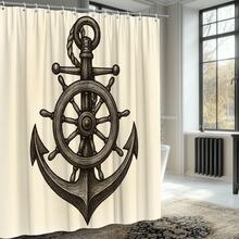 Nautical Anchor Shower Curtain - Vintage Marine Decor - White - View 3