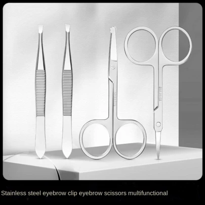 4pcs Stainless Steel Slanted Eyebrow Tweezers, Ingrown Hair Remover, Eyebrow Scissors, Nose Hair Trimmer, Small Scissors