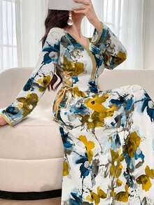 Rochie elegantă Abaya cu imprimeu floral, cu decolteu în V, mânecă lungă și curea, rochie slim fit, îmbrăcăminte pentru Ramadan pentru vacanța de Ramadan - Verde măsline - Vizualizare 1