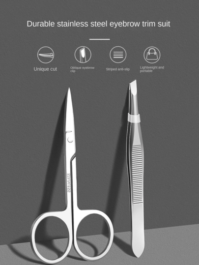 Stainless Steel Slanted Eyebrow Tweezers, Scissors, Trimmer Set For Eyebrow Shaping