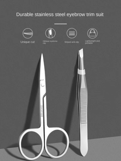 Stainless Steel Slanted Eyebrow Tweezers, Scissors, Trimmer Set For Eyebrow Shaping