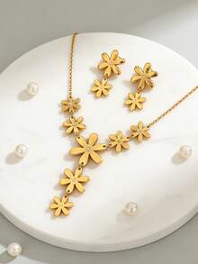 VceTd 1 Set de joyería de acero inoxidable lujosa y elegante con diseño de colgante floral con incrustaciones de vidrio, adecuada para la vida diaria de las mujeres, bodas, compromisos, regalos del Día de San Valentín o regalos del Día de la Madre - Amarillo Oro - Ver 6