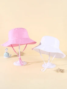 2pcs Kids Plain Color Long String Bucket Hat, Adjustable Size Outdoor Sun Ion Casual Hat Suitable For Boys Girls Spring Autumn Travel Beach Holiday - Pink + White 2 Combinations - View 13