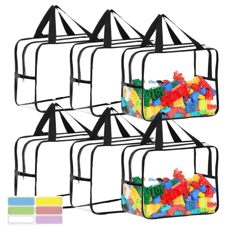 6 Pack Toy Storage Bags Toy Storage Organizer With Labels For Kids, Reusable Clear PVC Board Game Storage With Zipper, Waterproof Travel Bags For Building Blocks, Puzzles - Clear - View 1