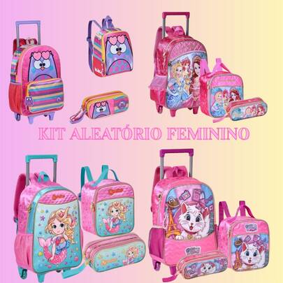 kit de mochila de rodinha feminino, lancheira e estojo, envio aleátorio, sobre disponibilidade de estampa em estoque.