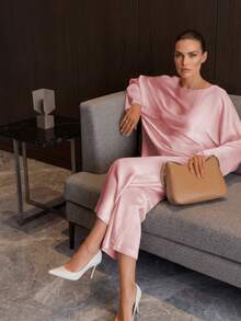 2pcs/Set Elegant Commuting & Casual Vintage Coin Pattern Silk-Like Satin Texture Women Outfit Pink Spring - Pink - View 4