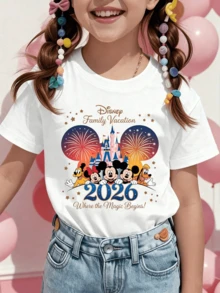 Disney Mickey Minnie Donald Goofy Pluto Castle Fireworks 2026 Printed Pattern T-Shirts For Girls - Children's Clothing Design Short-Sleeved Casual And Cute Style Comfortable And Casual Wear All Year Round Suitable For Parties And Play Machine Washable Gift Children's Clothing Girls' Short-Sleeved Shirts - 白色 - 查看 1