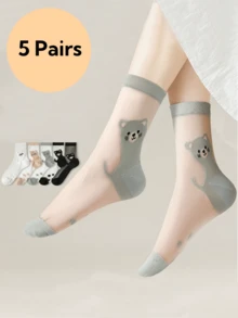5 Pairs Women's Cute Bear Design Comfortable Personalized Silk Mid-Calf Socks, Spring/Summer - Multicolor - View 1
