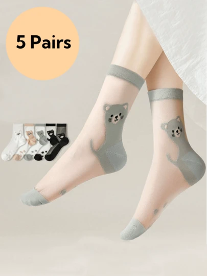 5 Pairs Women's Cute Bear Design Comfortable Personalized Silk Mid-Calf Socks, Spring/Summer