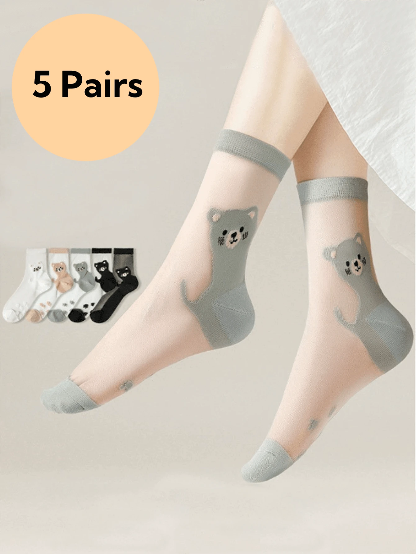 5 Pairs Women's Cute Bear Design Comfortable Personalized Silk Mid-Calf Socks, Spring/Summer - Multicolor - View 1