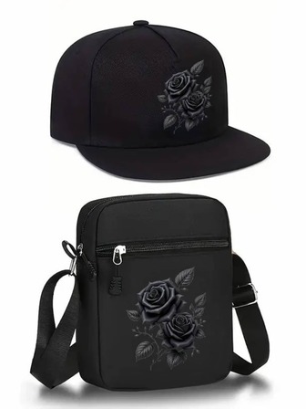 1pc/2pcs Black Rose Print Men's Baseball Cap And Crossbody Bag Set, Street Fashion Outdoor Sports Unisex Baseball Cap Flat Brim Hat And Shoulder Bag, Adjustable, Gift For Yourself Or Friends