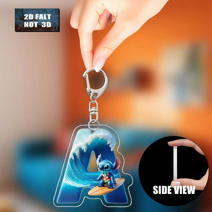 这款2D立体史迪奇冲浪亚克力钥匙扣，包含26个字母和一个史迪奇冲浪图案。男女皆宜，可爱小巧，可用作包包挂饰、车钥匙链或家居装饰。是生日、圣诞节、新年（情人节礼物、包包配件、车钥匙链）、斋月礼物的理想之选。2D平面设计。 - 彩色 - 查看 1