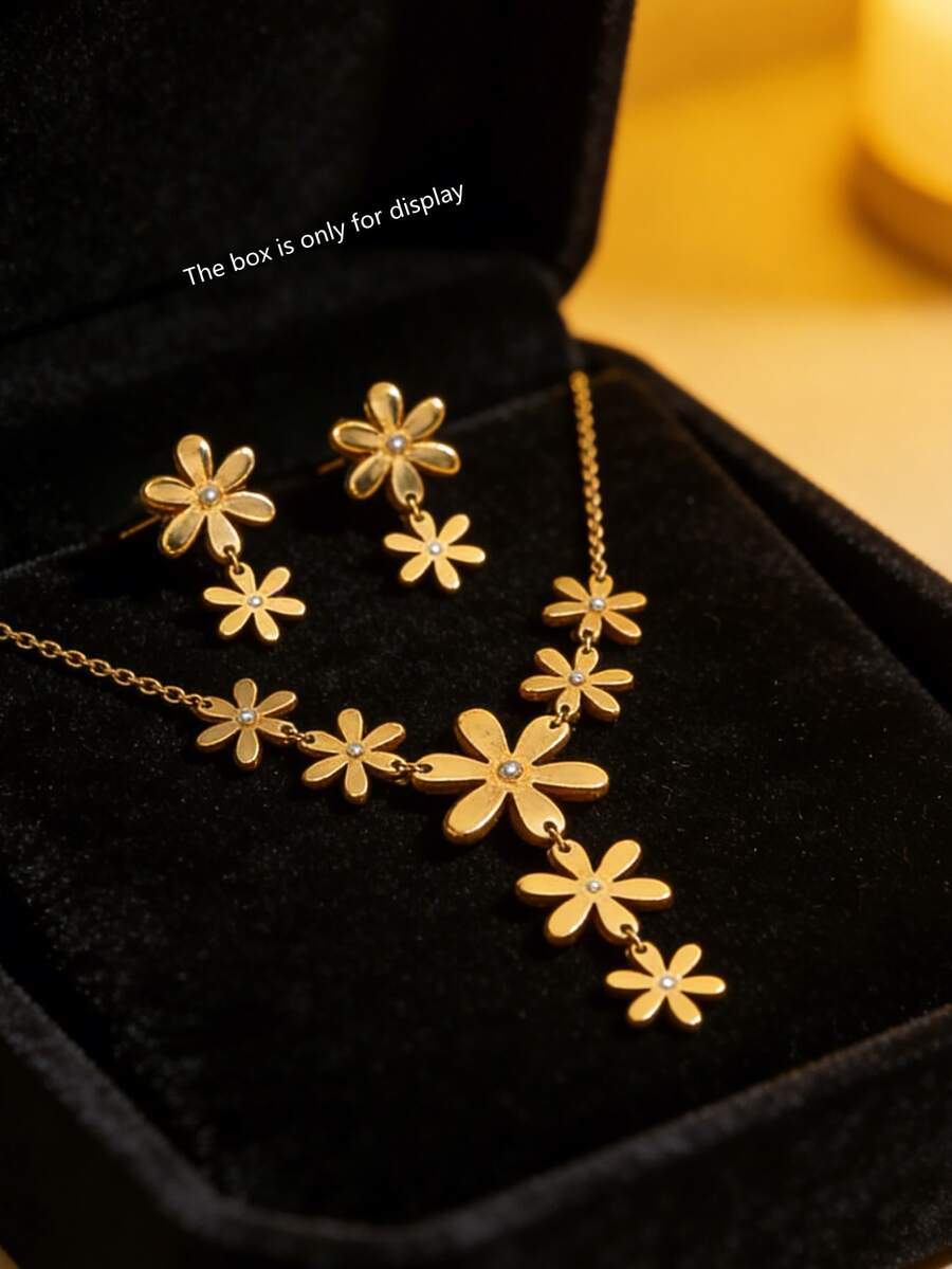 VceTd 1 Set de joyería de acero inoxidable lujosa y elegante con diseño de colgante floral con incrustaciones de vidrio, adecuada para la vida diaria de las mujeres, bodas, compromisos, regalos del Día de San Valentín o regalos del Día de la Madre - Amarillo Oro - Ver 1