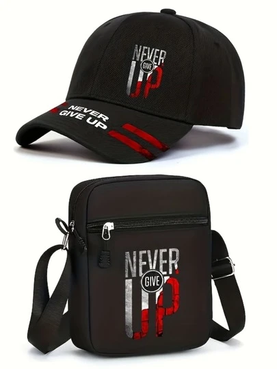 1pc/2pcs "Never Give Up" Motivational Slogan Print Baseball Cap And Crossbody Bag Set, Street Fashion Outdoor Sports Adjustable Unisex Cap And Shoulder Bag, Great Gift For Yourself Or Friends