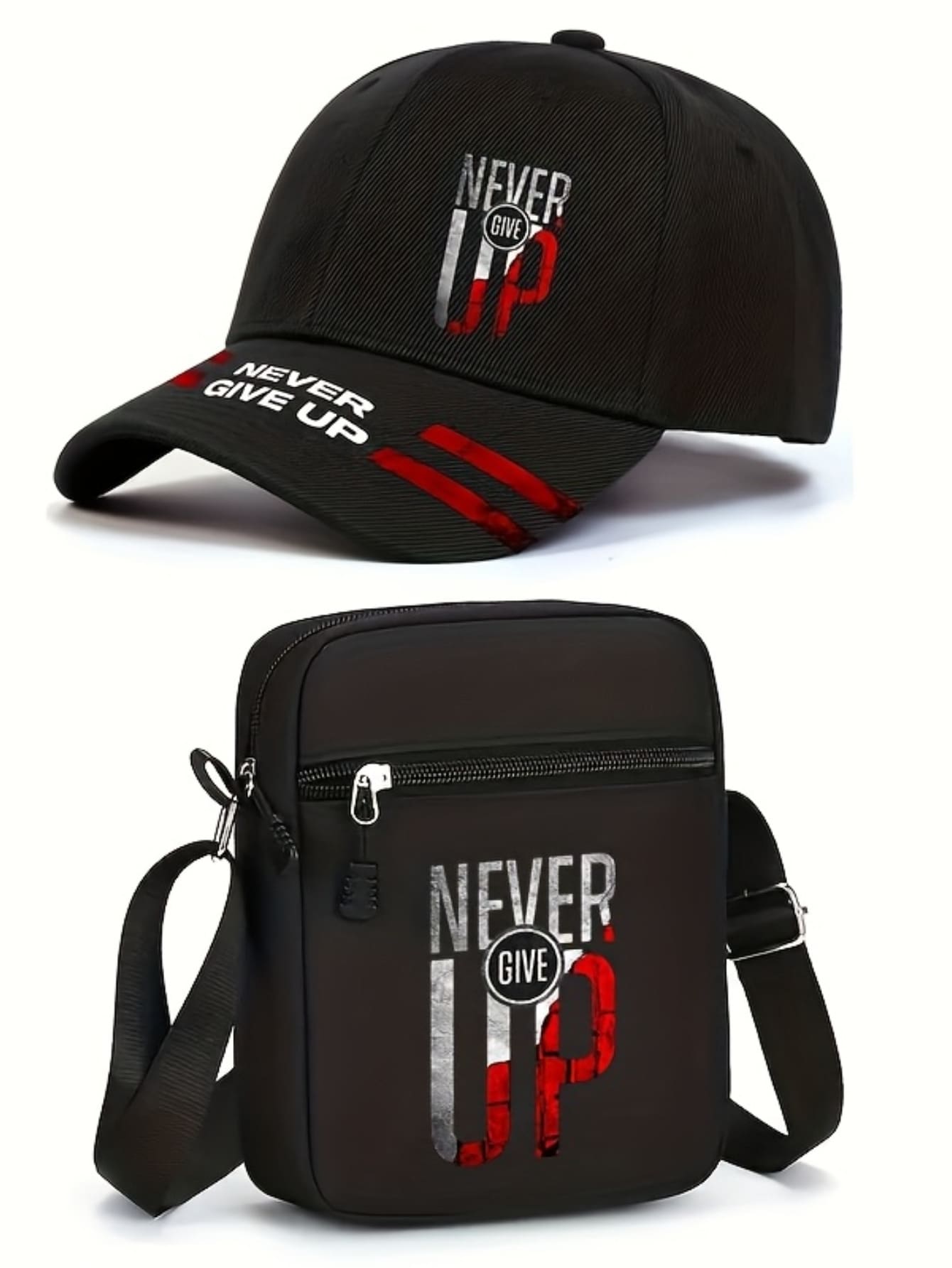 1pc/2pcs "Never Give Up" Motivational Slogan Print Baseball Cap And Crossbody Bag Set, Street Fashion Outdoor Sports Adjustable Unisex Cap And Shoulder Bag, Great Gift For Yourself Or Friends