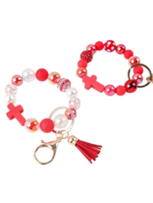 1件十字串珠手链钥匙扣，喜庆红色流苏吊坠，红色串珠手链钥匙圈，珍珠水钻串珠手链钥匙扣，防丢腕带吊坠，新年礼物 - 紅色-02 - 查看 9