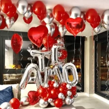 Conjunto de Balões para o Dia dos Namorados - Inclui balões metalizados com letras douradas e prateadas, balões de coração vermelhos e balões de látex vermelhos e prateados. Ideal para decoração de Dia dos Namorados, aniversários, pedidos de casamento, festas de aniversário, Ano Novo e como material decorativo. - Multicolorido - Ver 3