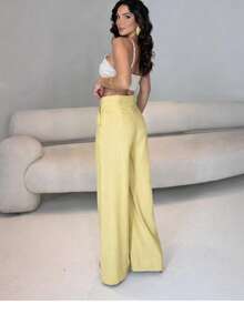 Elegant Women's Wide-Leg Trousers With Pockets. - Màu vàng - Xem 2