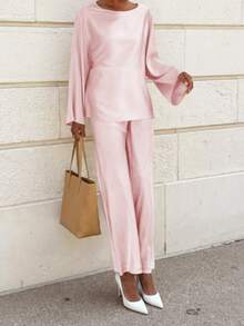 2pcs/Set Elegant Commuting & Casual Vintage Coin Pattern Silk-Like Satin Texture Women Outfit Pink Spring - Pink - View 2