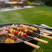 12 PCS Skewers For Grilling, Kabob Skewers With Wood Handle, Reusable BBQ Barbecue Sticks For Marshmallow, Hot Dog, Meat, Vegetable, Camping Cookware Grill Cooking, 11.7" (Including Handle) - A - View 5