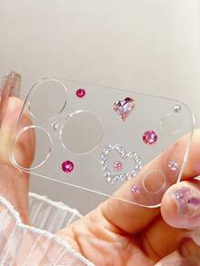 Cute Glitter 3D Pink Heart Love Diamond Pearl Transparent Glass Lens Protective Film Compatible With IPhone 17 Pro Max 17 Pro Series Stylish Girl Lens Protection Film Cover Accessories - Pink Heart Diamond - View 3