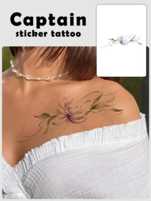 1pc Watercolor Purple Flower Collarbone Temporary Tattoo. Gradient Purple-Green Tie Dye Floral Design With Delicate Lines, Exuding A Soft, Ethereal Vibe. Suitable For Collarbone, Shoulder, Neck Areas. Boho-Chic And Gentle Aesthetic, Niche Accessory. Low-Irritation, Waterproof, Sweat-Resistant, Lasts 3-5 Days, Easy To Apply And Remove, Adds A Distinctive Touch To Vacation, Date, And Everyday Outfits. - Purple - View 4