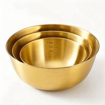 3pcs/1pc Gold Stainless Steel Mixing Bowls With Measurement Marks, Suitable For Salad, Fruit, Pasta, Easy To Clean, Holiday Theme, Outdoor Use, Brushed Metal Surface, Round Size 6.69", 7.48", 8.66"